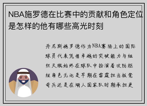 NBA施罗德在比赛中的贡献和角色定位是怎样的他有哪些高光时刻