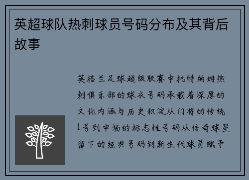 英超球队热刺球员号码分布及其背后故事